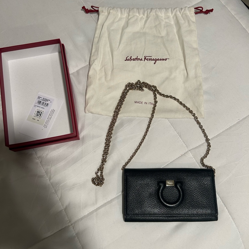 Salvatore Ferragamo Black Phone Crossbody Bag with Gold Chain